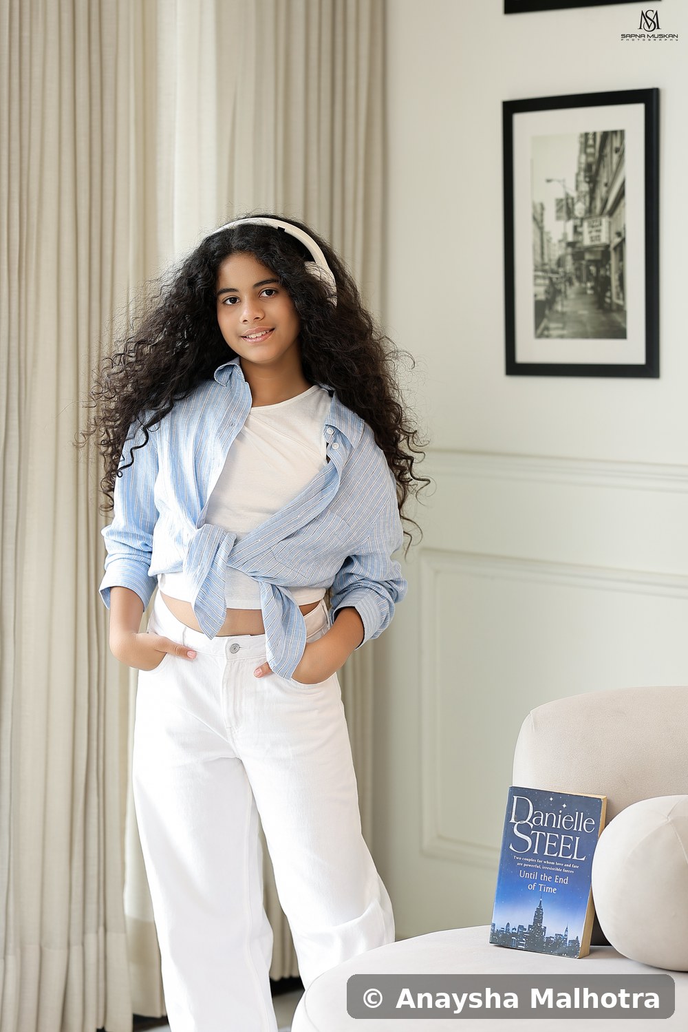 Anaysha Malhotra casual denim look, curly-haired kid model